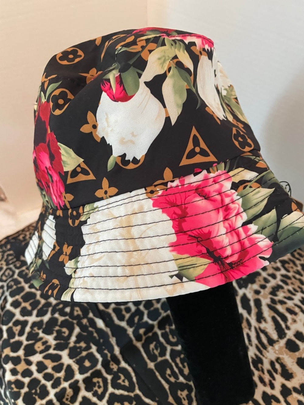 Black Floral Bucket Hat with Pink & White Blooms - Picture 3 of 7